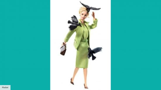 Barbie doll inspired by The Birds featuring the doll being attacked by a bunch of crows