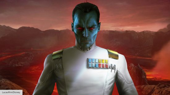 Grand Admiral Thrawn in front of Mustafar